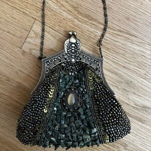 Vintage Inspired Green Beaded Evening Bag with Chain